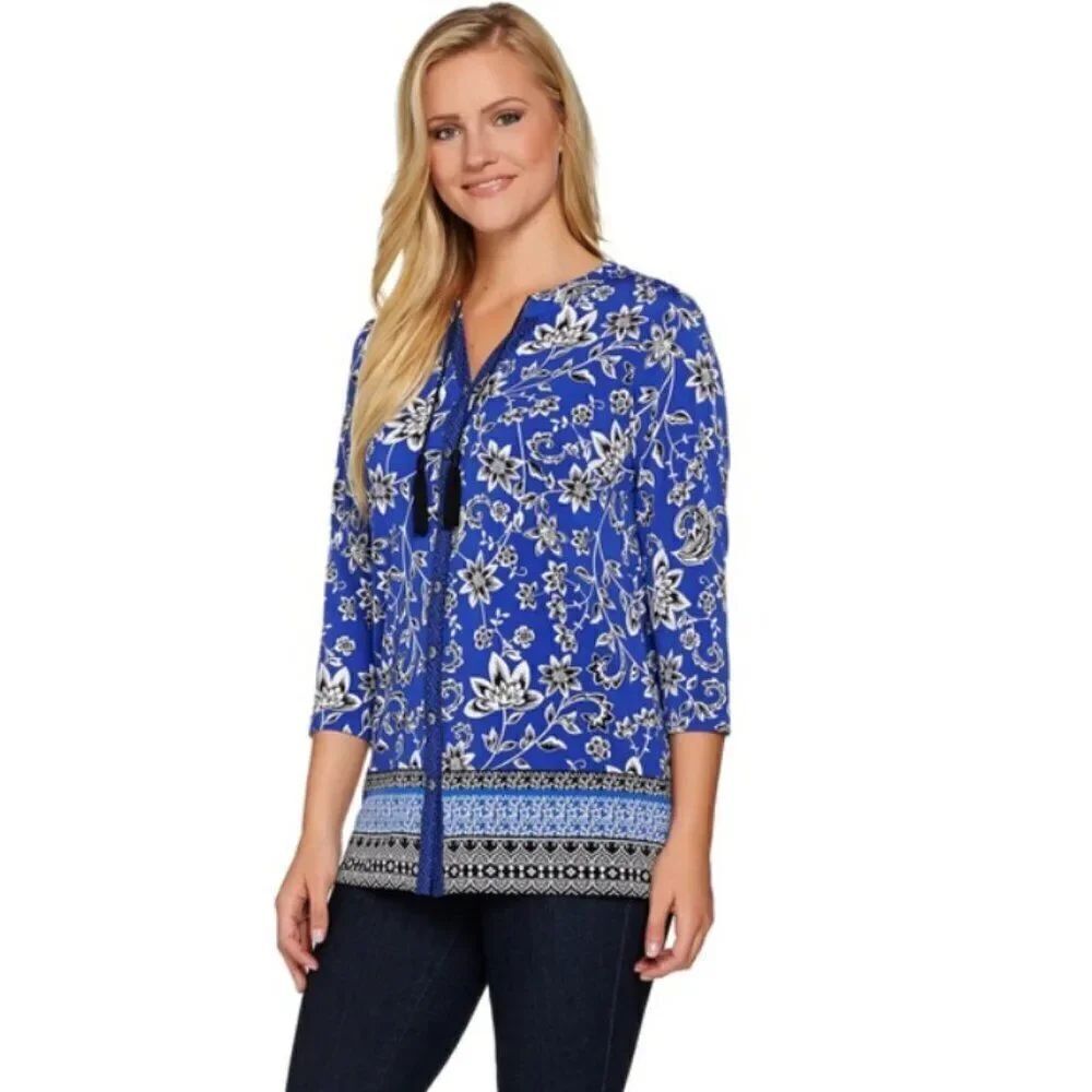 New Susan Graver Printed Liquid Knit Button Front Shirt | Size XXS
